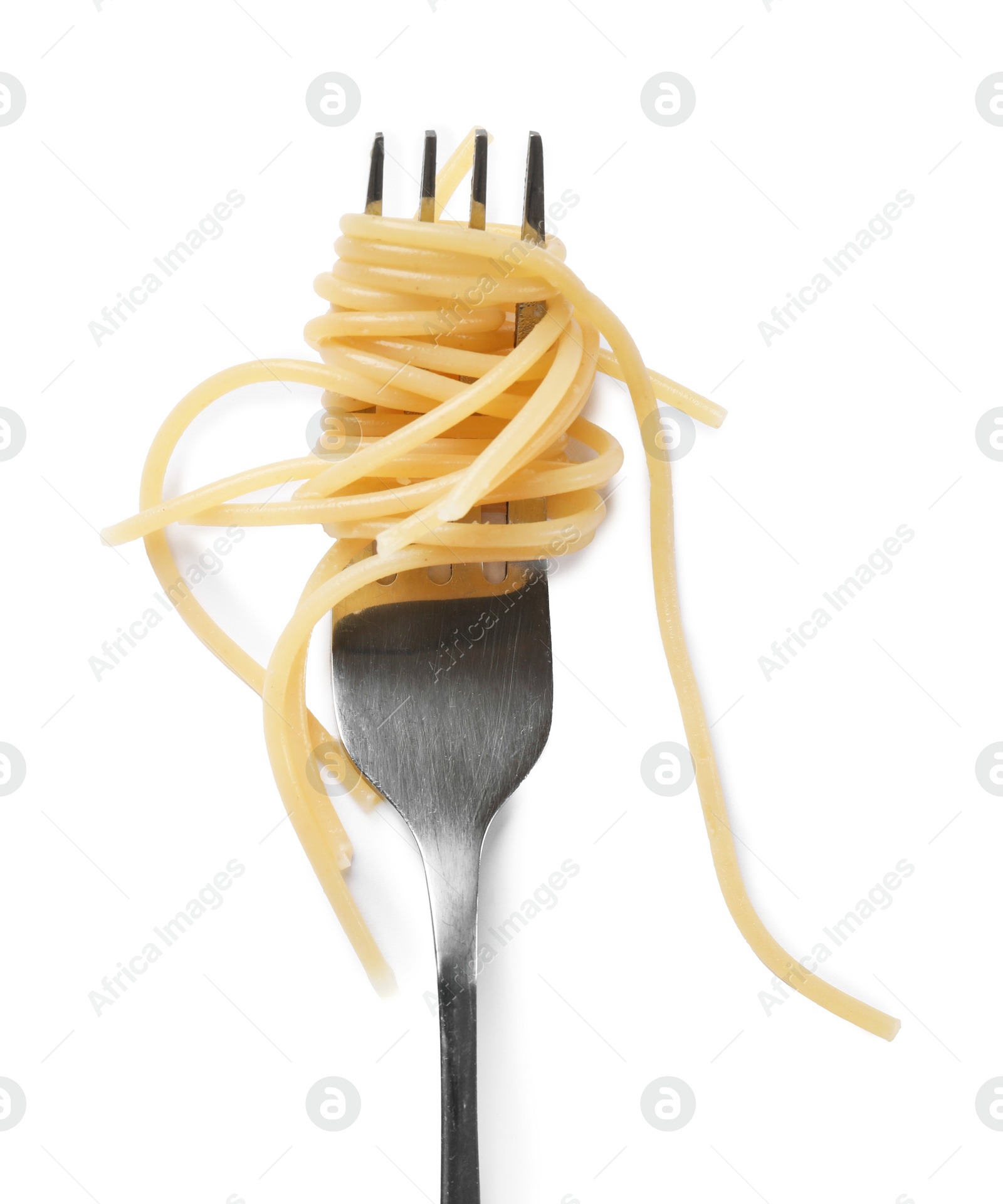 Photo of Fork with tasty pasta isolated on white