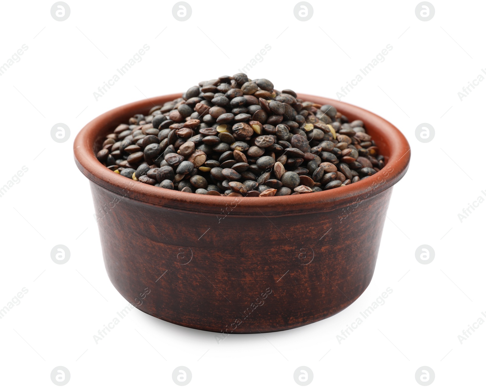 Photo of Raw lentils in bowl isolated on white