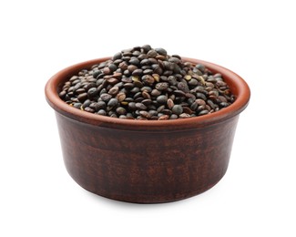 Raw lentils in bowl isolated on white