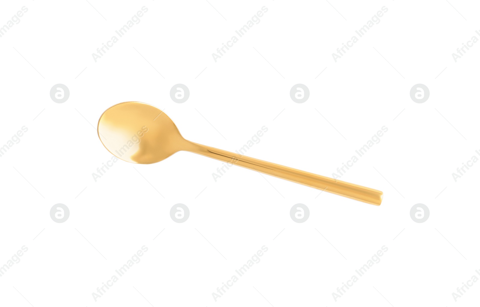 Photo of Clean golden spoon isolated on white, top view