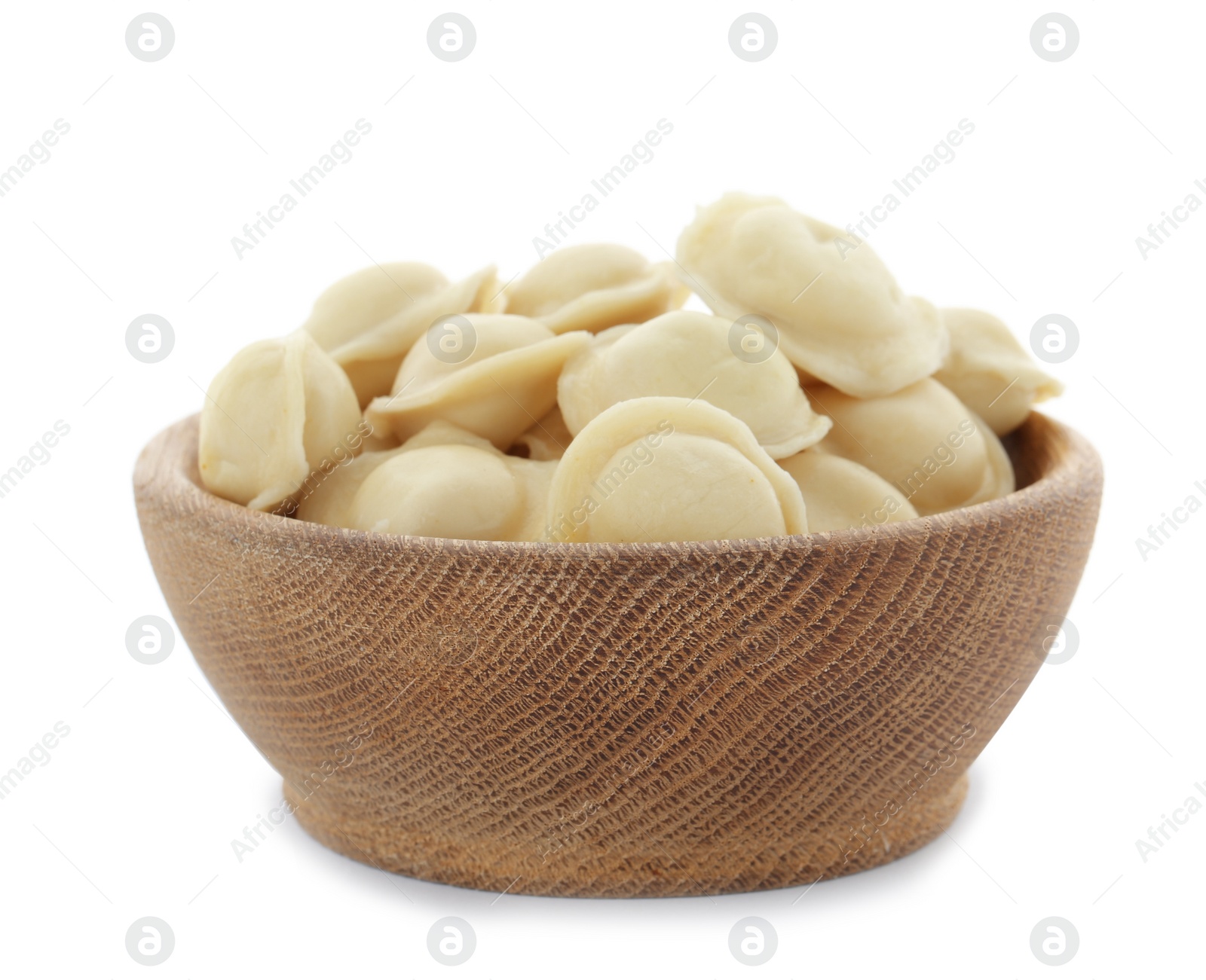 Photo of Bowl with tasty dumplings isolated on white