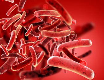 Illustration of Bacteria colony under microscope, illustration. Cystitis, infection of urinary bladder