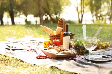 Photo of Blanket with food prepared for summer picnic outdoors