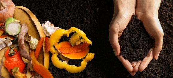 Image of Organic waste for composting and woman holding handful of soil, top view. Natural fertilizer 