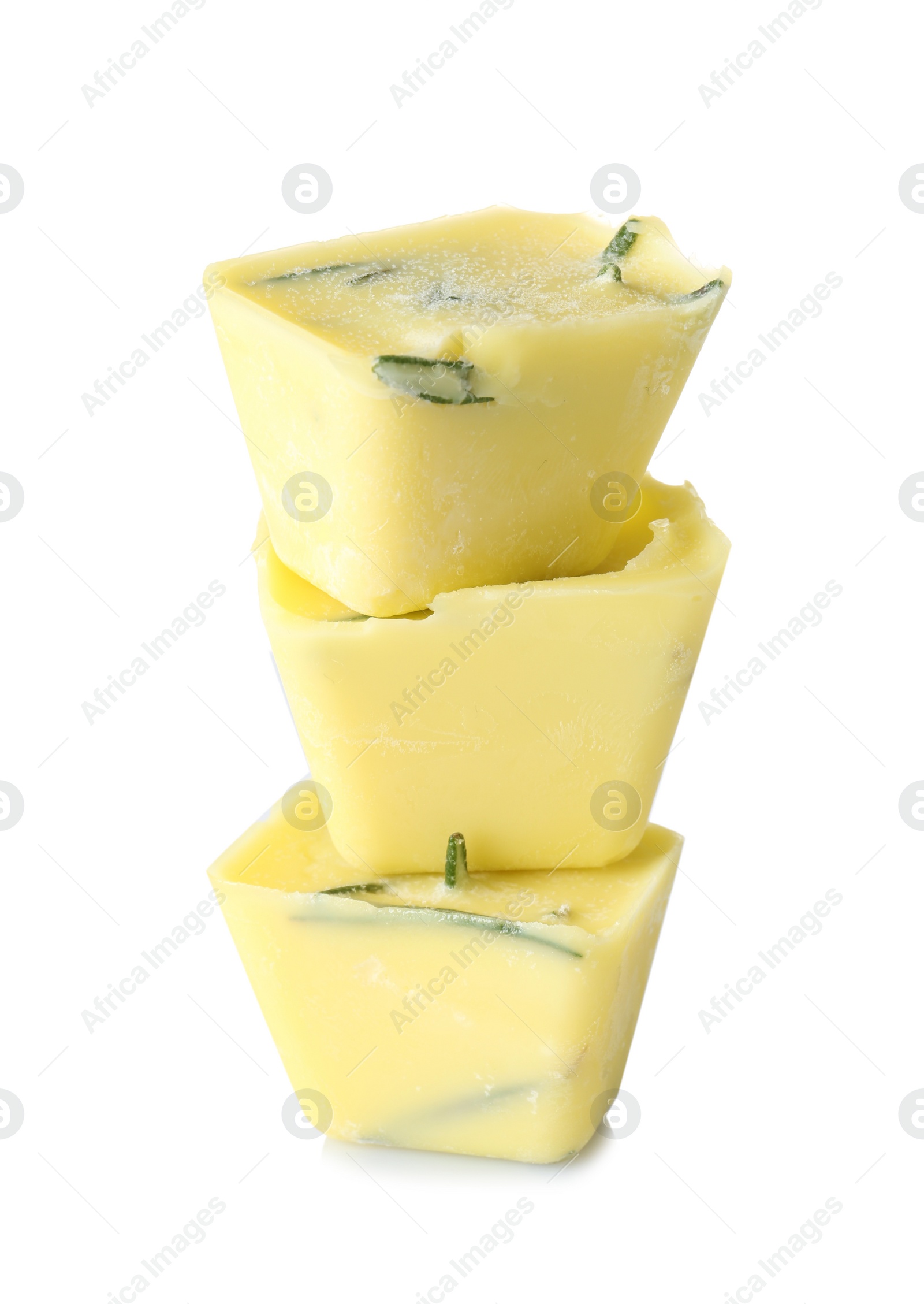 Photo of Rosemary and olive oil ice cubes on white background