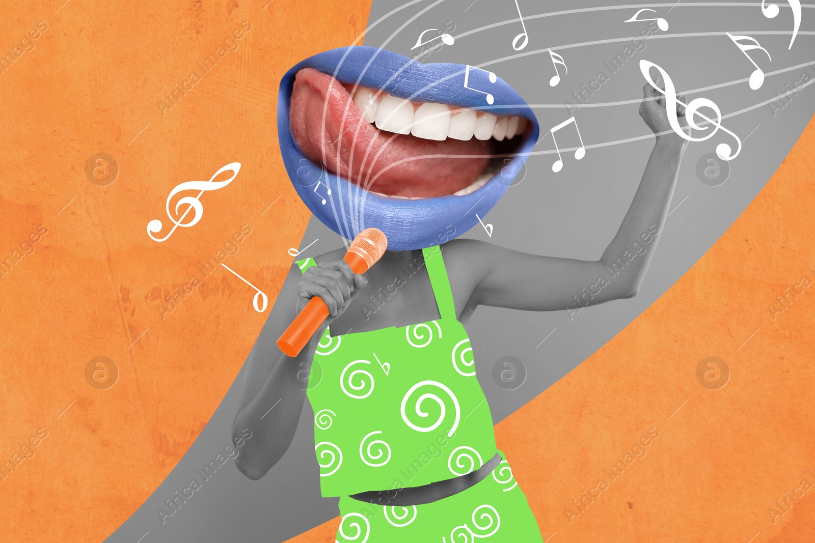 Image of Stylish singer's performance poster, creative collage. Woman with lips instead of head with microphone on bright background