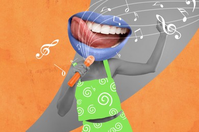 Stylish singer's performance poster, creative collage. Woman with lips instead of head with microphone on bright background