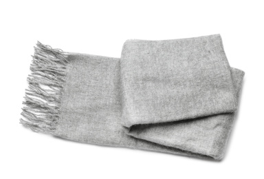 Photo of Grey scarf isolated on white, top view