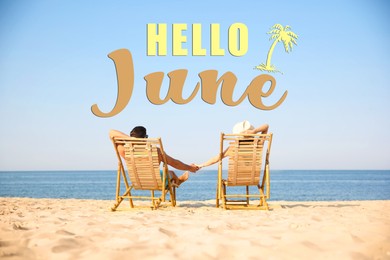Image of Hello June. Couple resting near sea on sunny day