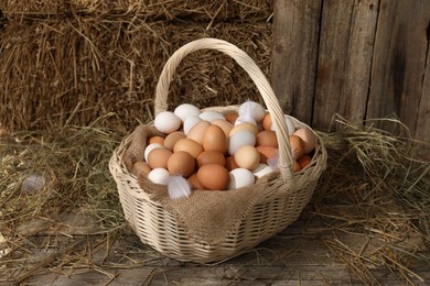 Wicker basket with fresh chicken eggs and dried straw in henhouse