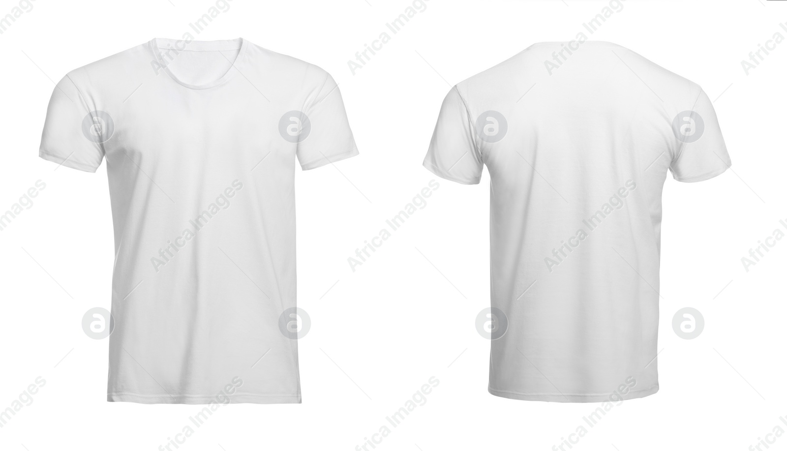 Image of Stylish basic t-shirt on white background, front and back views. Space for design