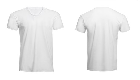 Image of Stylish basic t-shirt on white background, front and back views. Space for design