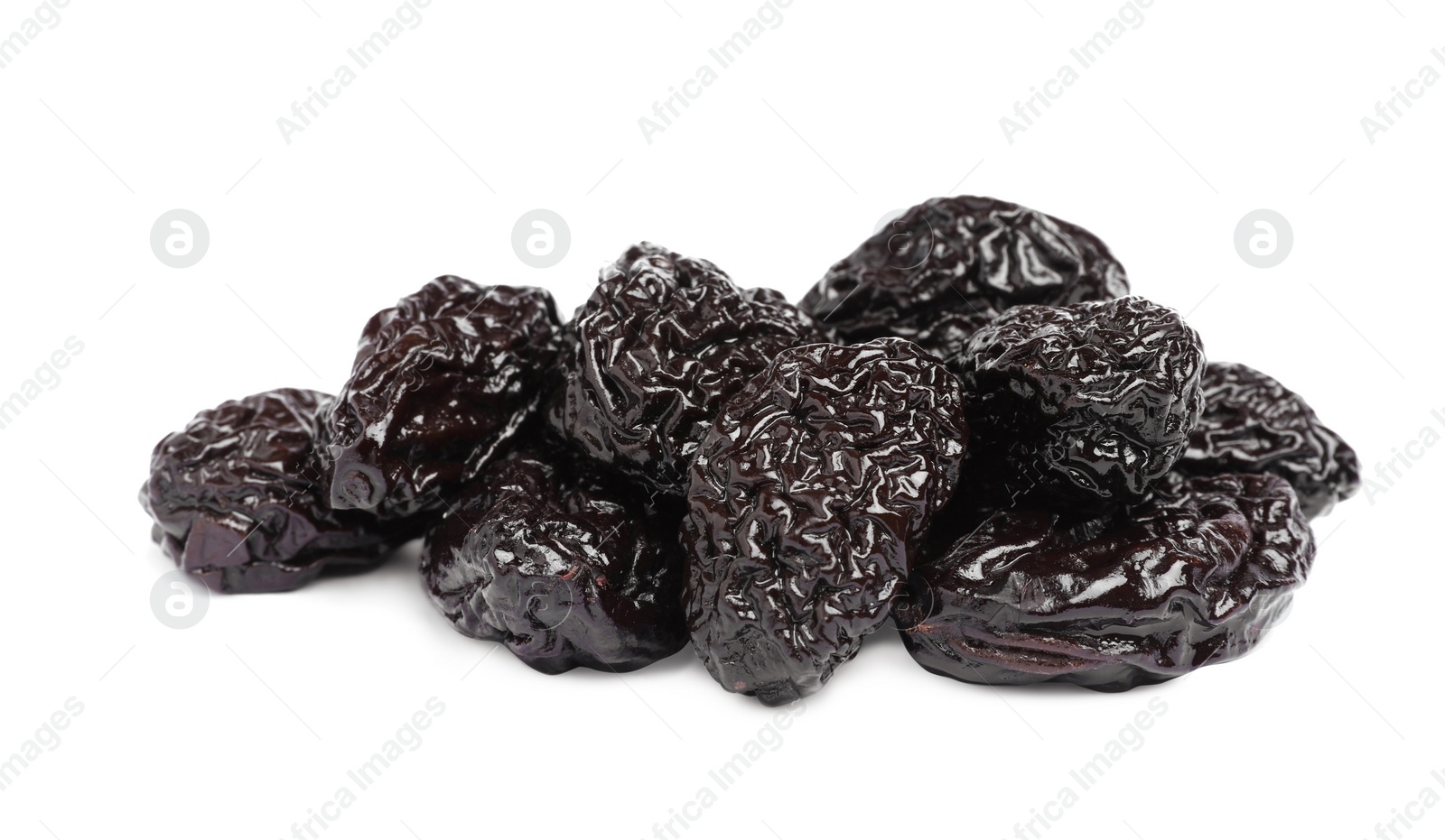 Photo of Heap of sweet dried prunes on white background