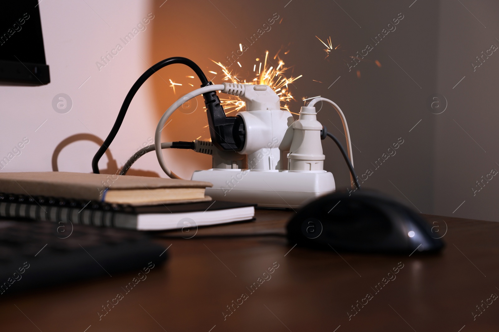 Photo of Inflamed plug in power strip indoors on wooden table. Electrical short circuit