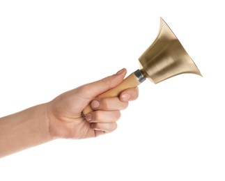 Photo of Woman ringing school bell on white background, closeup