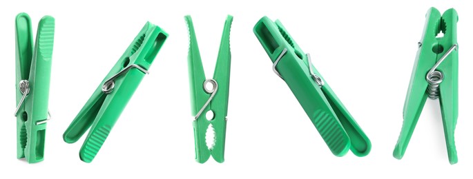 Image of Set with green plastic clothespins on white background. Banner design 