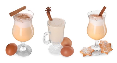 Image of Delicious eggnog in glasses isolated on white, set