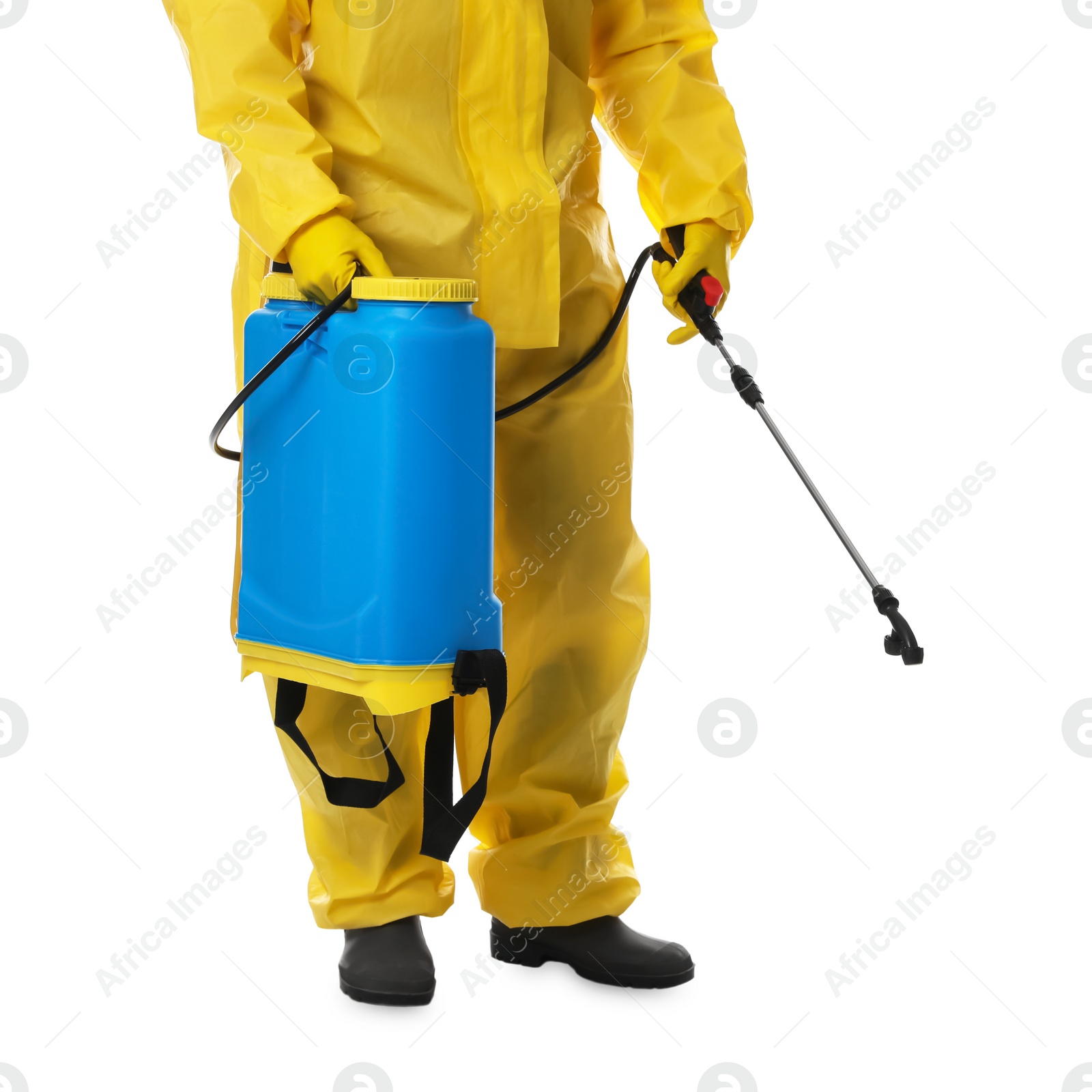 Photo of Man wearing protective suit with insecticide sprayer on white background, closeup. Pest control