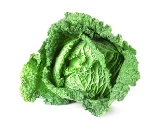 Photo of Fresh green savoy cabbage on white background