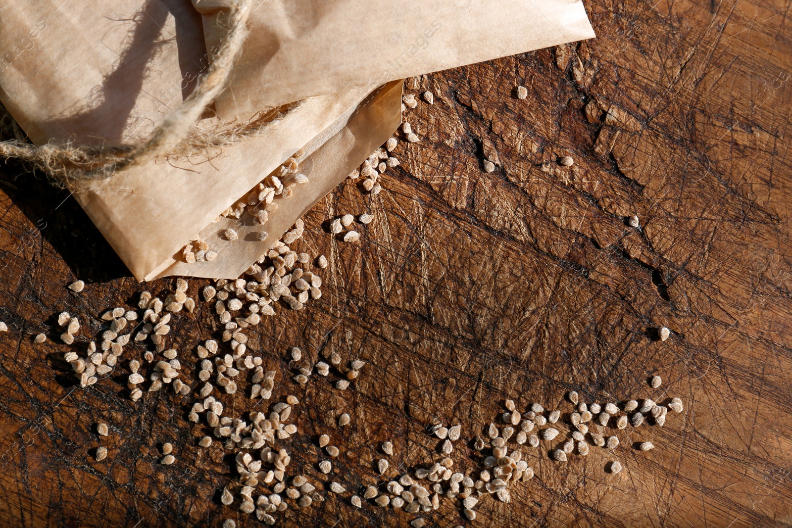 Photo of Paper bag with scattered tomato seeds on wooden background, top view and space for text. Vegetable planting