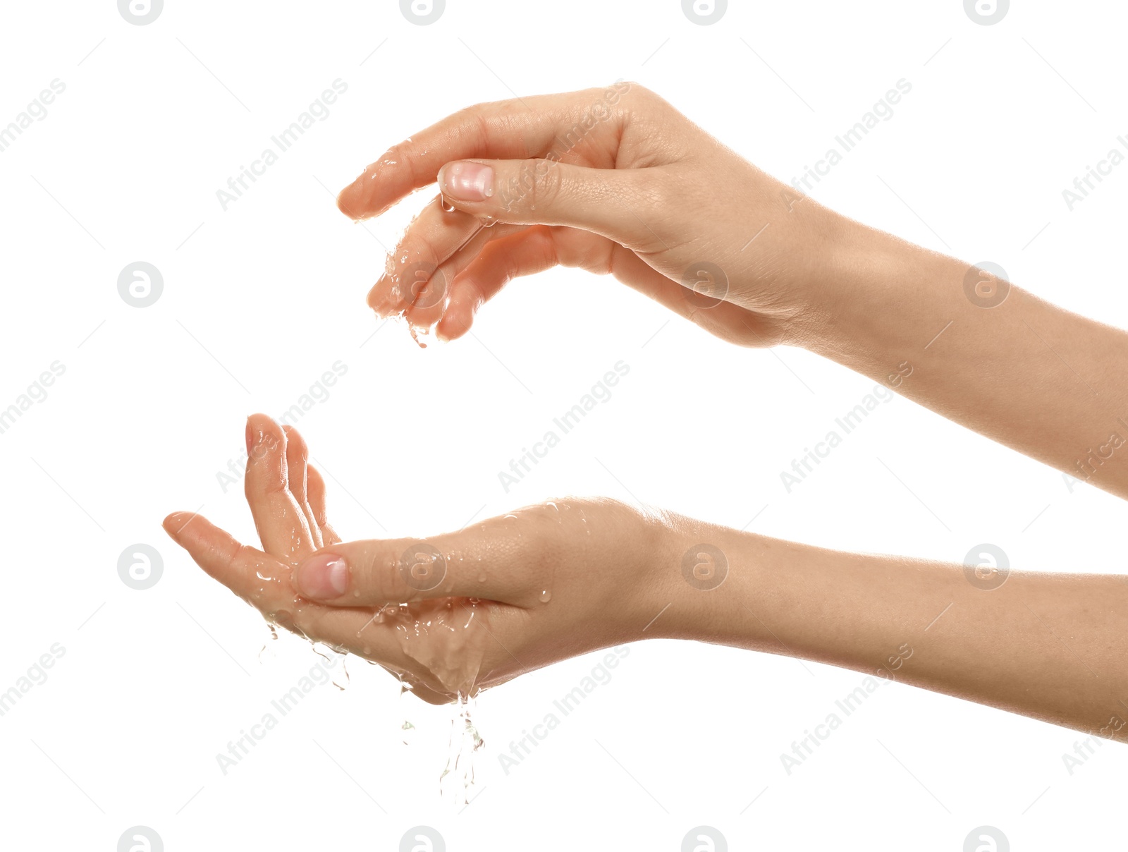 Image of Woman with water in her hands on white background, closeup