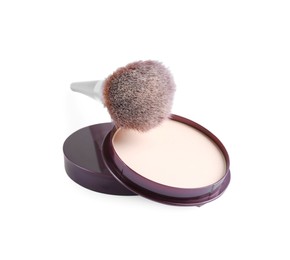 Photo of Face powder and brush isolated on white. Makeup product