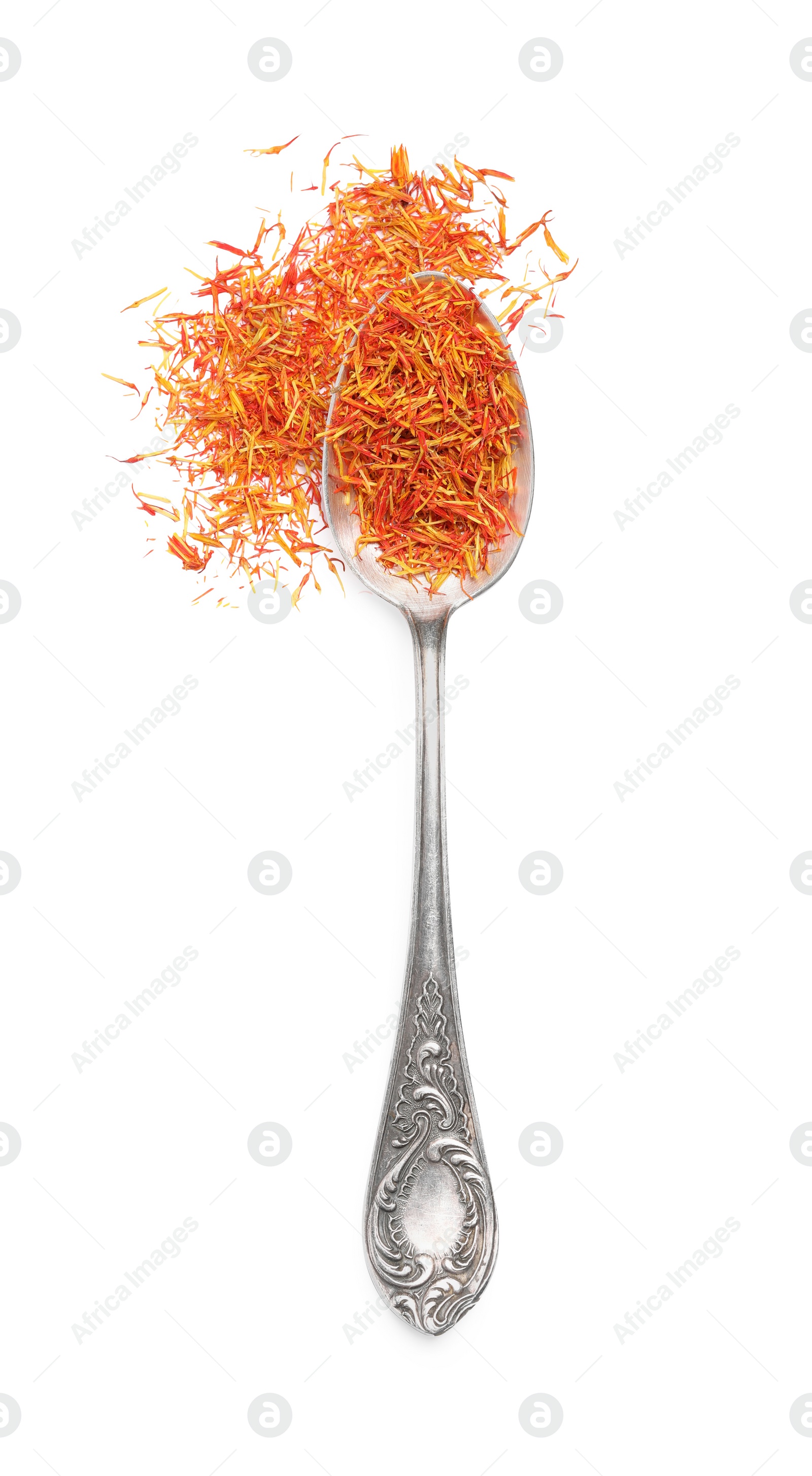 Photo of Aromatic saffron and spoon isolated on white, top view