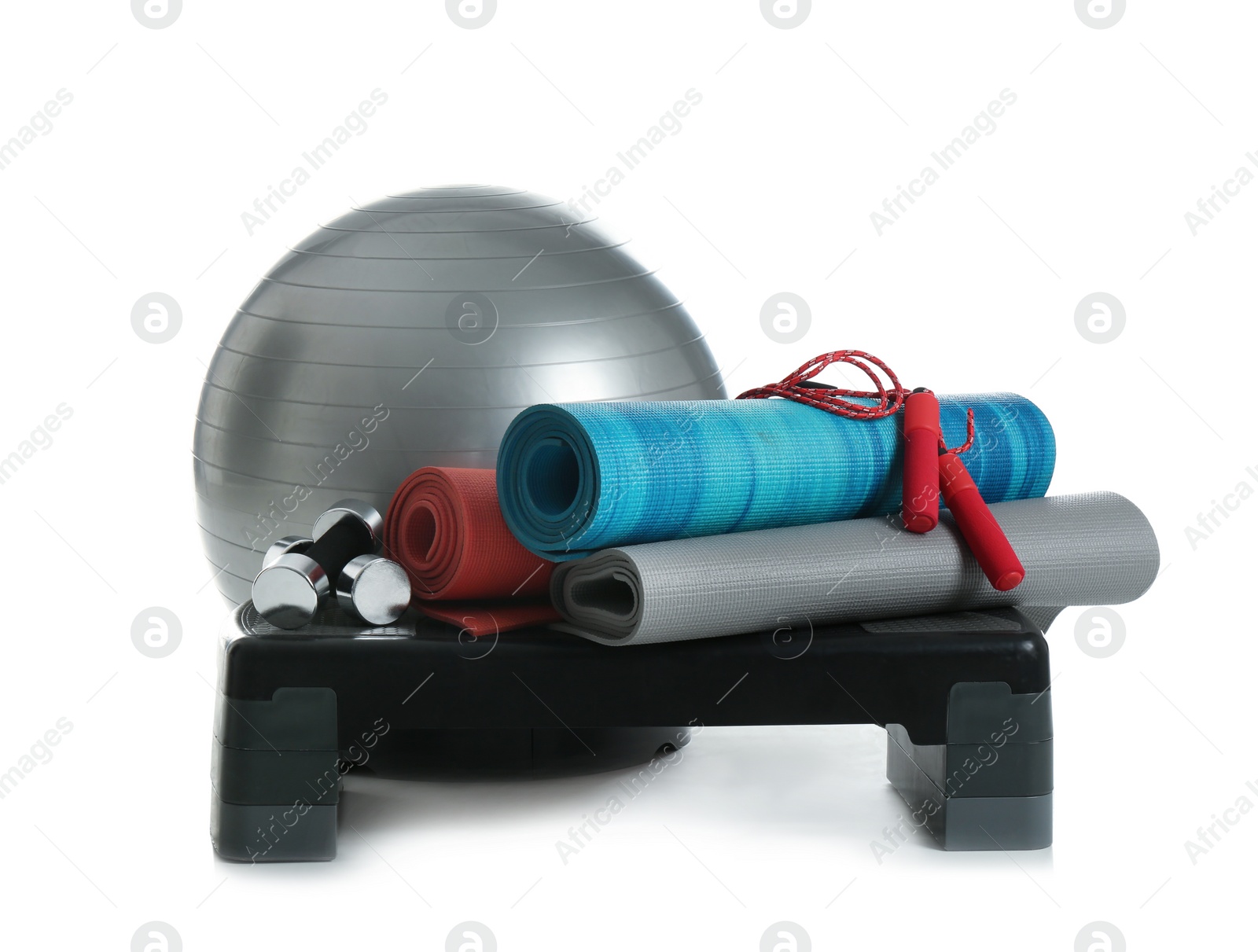 Photo of Set of fitness equipment on white background