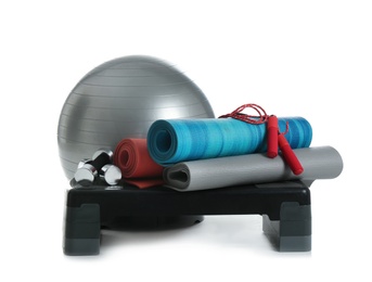 Photo of Set of fitness equipment on white background