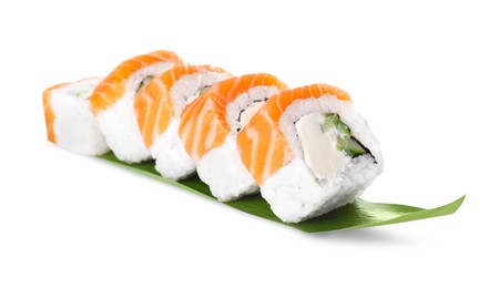 Tasty sushi rolls and green leaf on white background