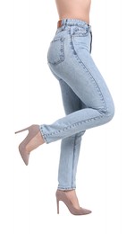 Woman in stylish jeans on white background, closeup