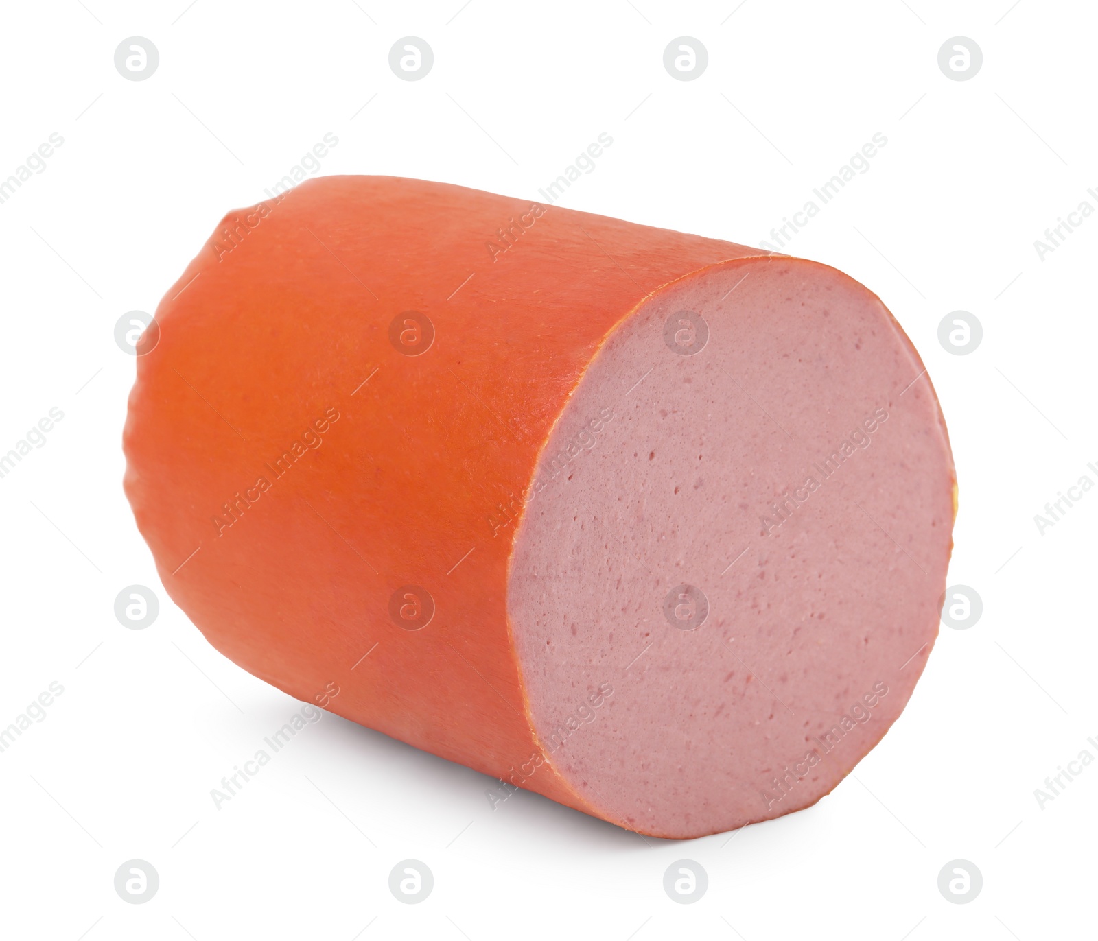 Photo of Half of delicious boiled sausage isolated on white