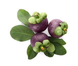 Fresh mangosteen fruits with green leaves on white background, top view