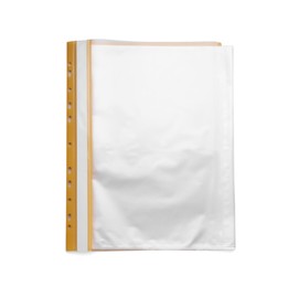 File folder with punched pockets isolated on white, top view