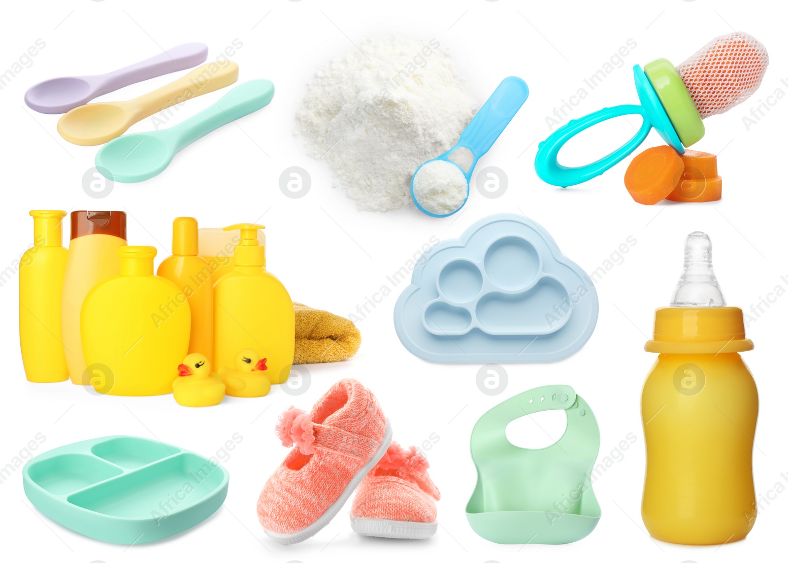 Image of Set with different stuff for baby on white background