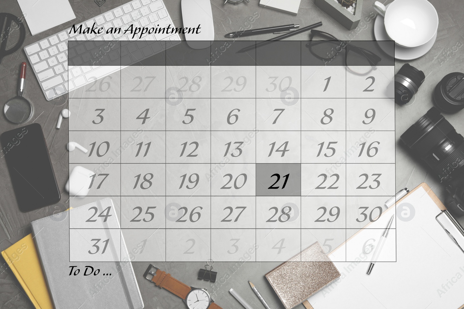 Image of Double exposure of calendar and designer's workplace. Personal schedule