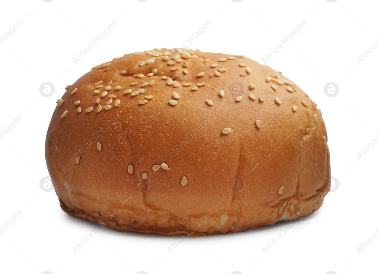 Photo of Fresh tasty bun with sesame seeds isolated on white