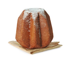 Delicious Pandoro cake decorated with powdered sugar isolated on white. Traditional Italian pastry