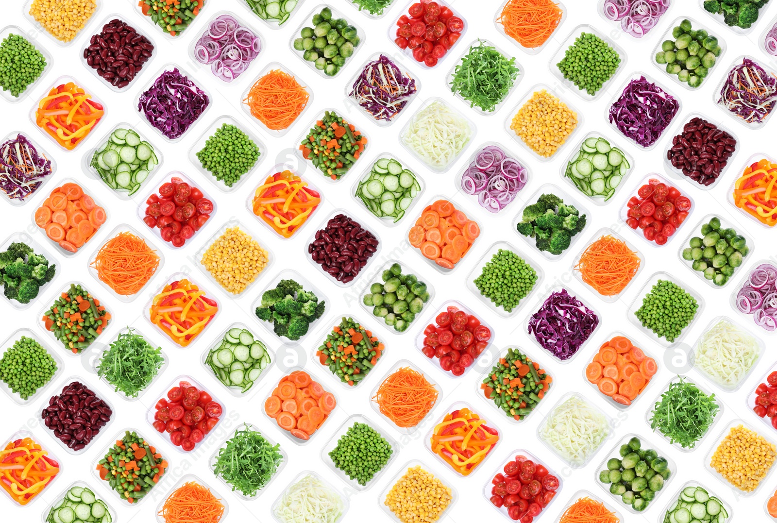 Image of Many containers with different fresh vegetables on white background, top view. Collage