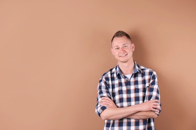 Photo of Portrait of handsome man on color background