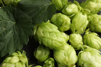 Fresh green hops and leaves on dark background, above view