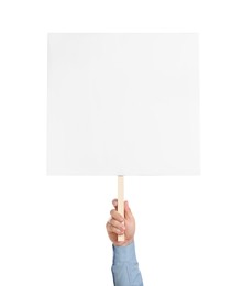 Man holding blank protest sign on white background, closeup