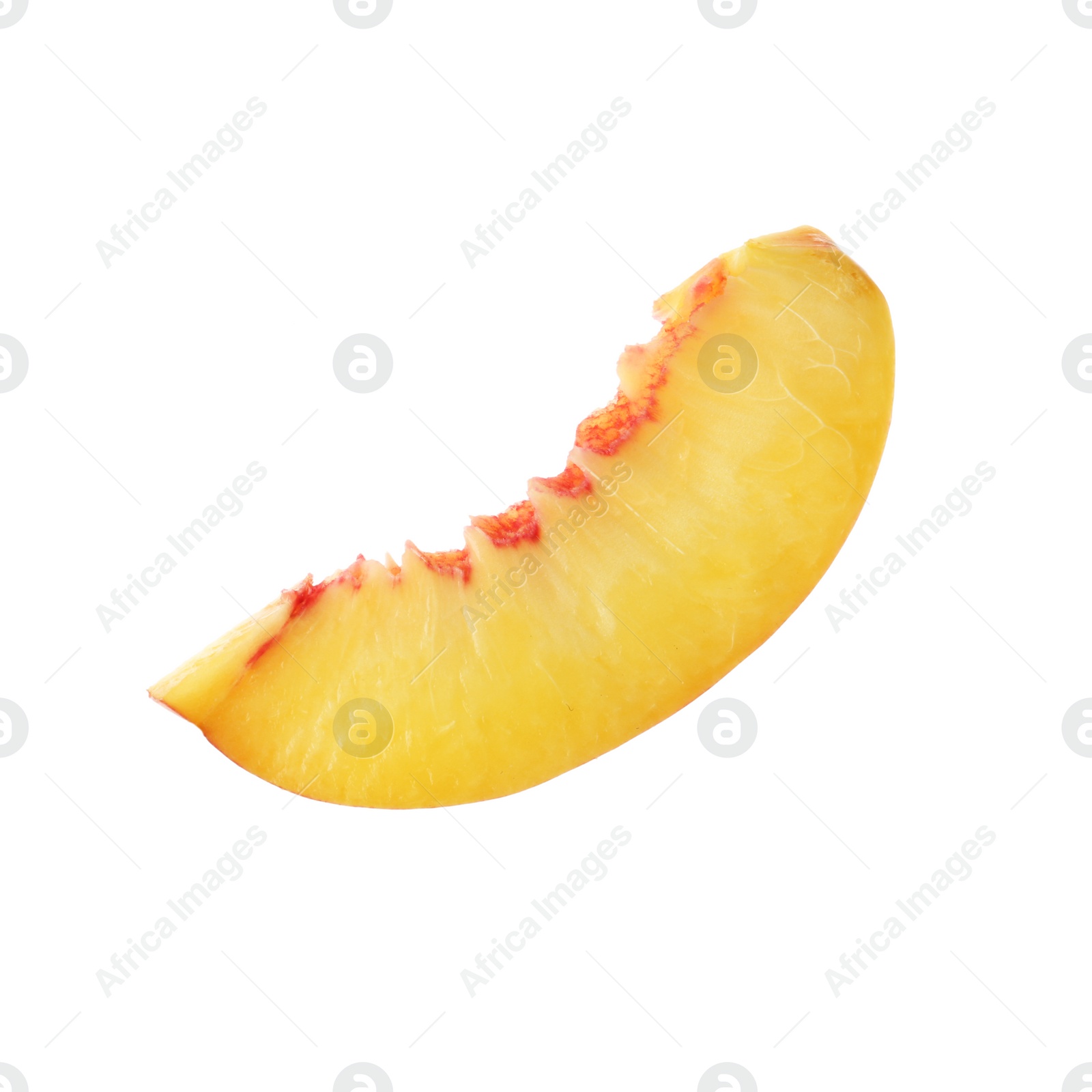 Photo of Slice of juicy peach on white background