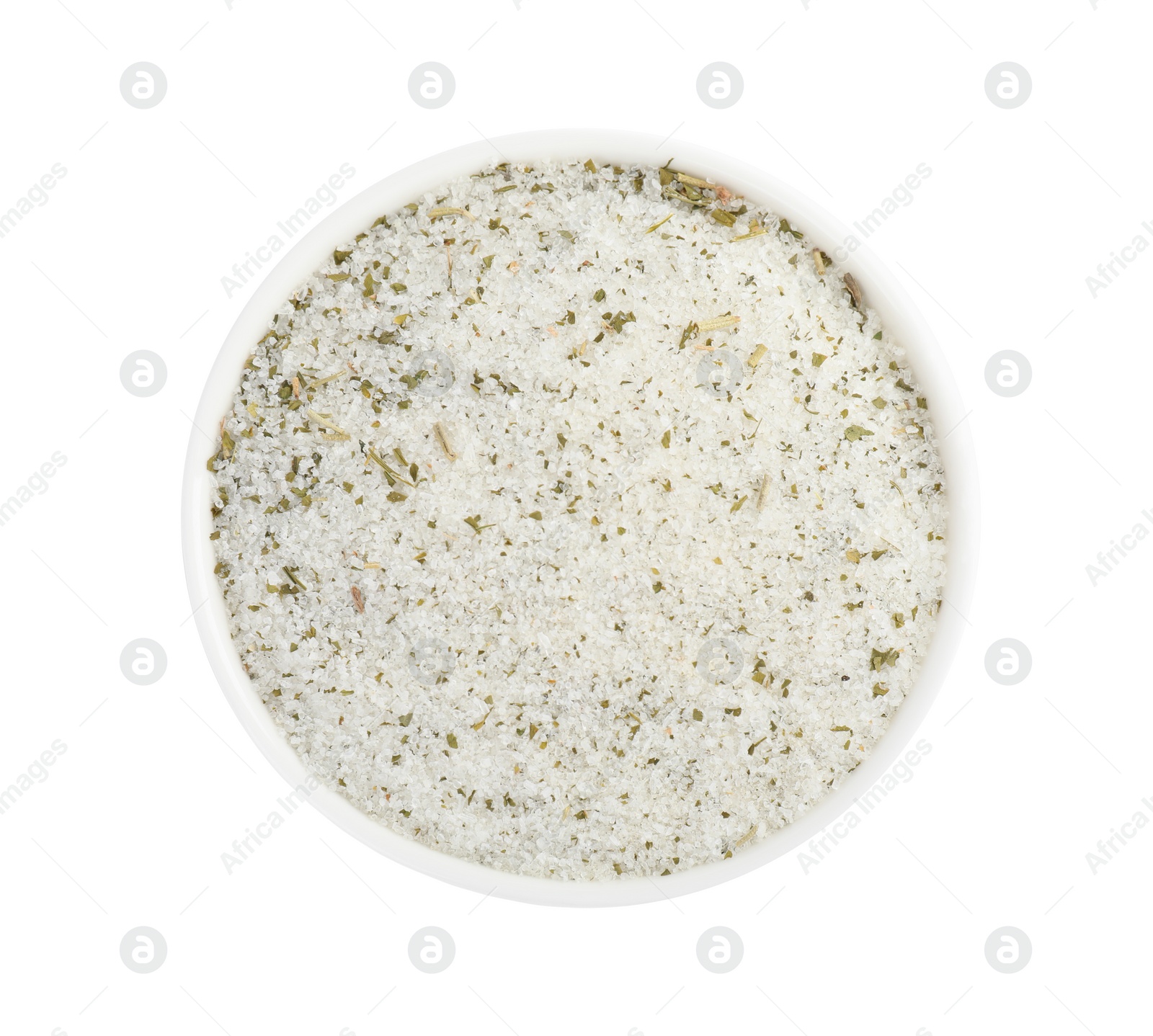 Photo of Natural herb salt in bowl isolated on white, top view