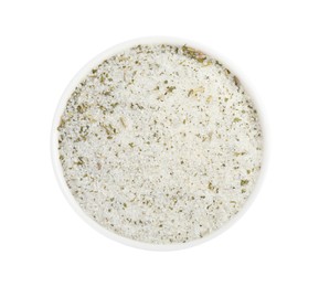 Photo of Natural herb salt in bowl isolated on white, top view