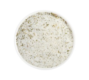 Natural herb salt in bowl isolated on white, top view