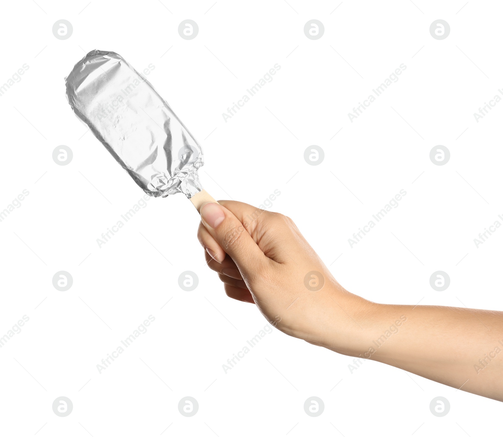 Photo of Woman holding ice cream wrapped in foil on white background, closeup