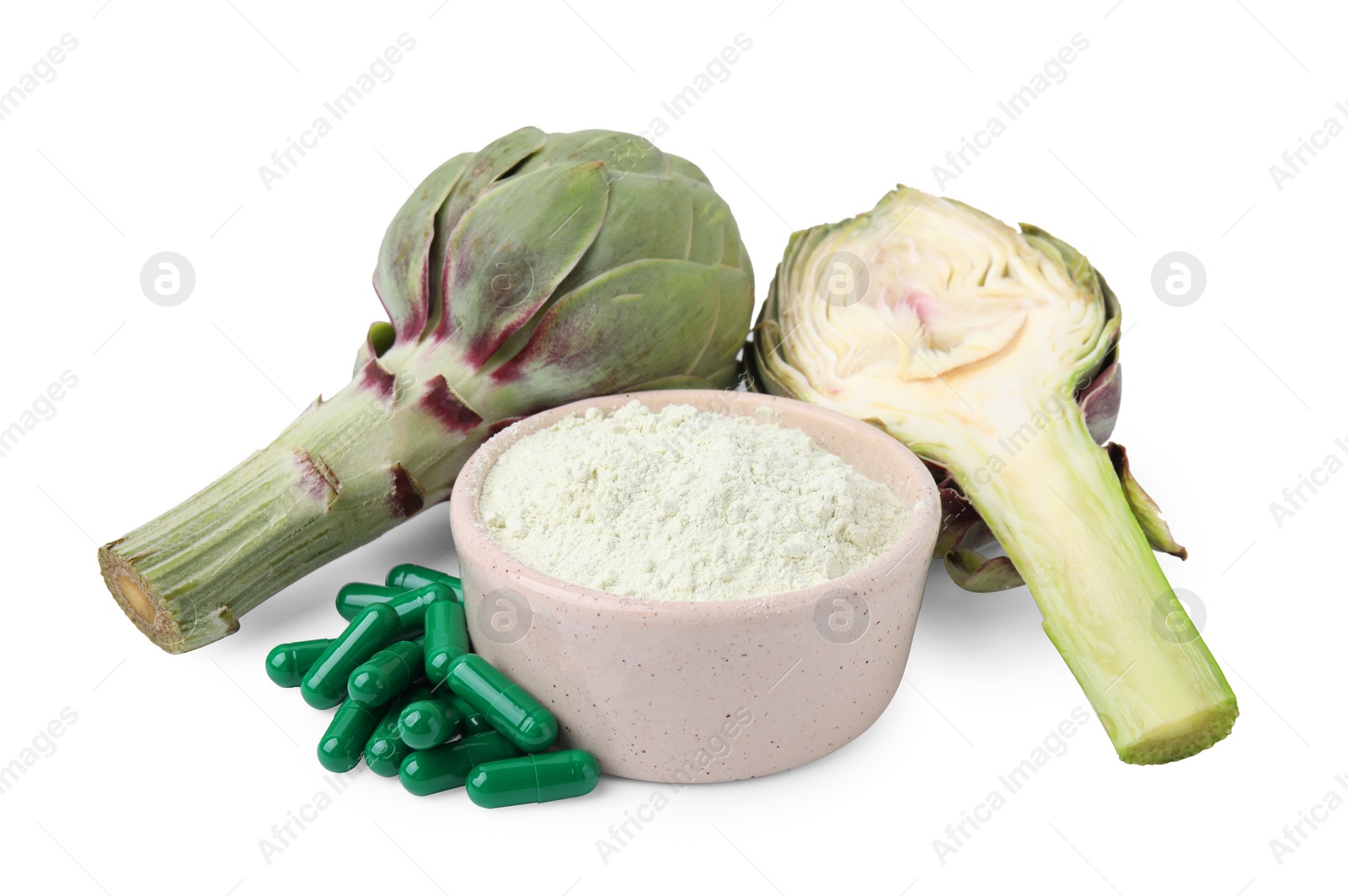 Photo of Fresh artichokes, pills and powder isolated on white