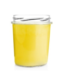 Glass jar of Ghee butter isolated on white