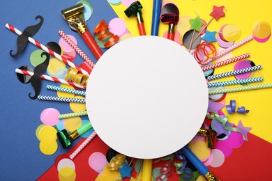 Photo of Flat lay composition with party props on color background. Space for text